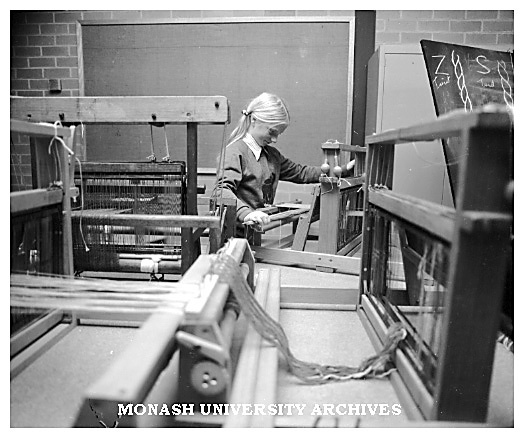 Rowena Archer weaving at the Arts and Crafts Centre