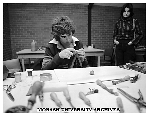 John Simson at leatherwork in the Arts and Crafts Centre