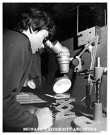 Open Day visitor Paul Henderson examines material under the microscope in Chemical Engineering