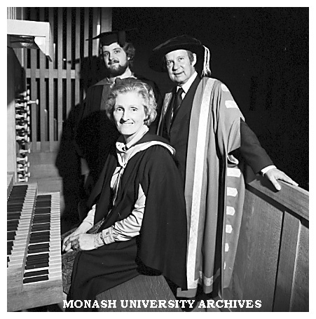 Professor W. A. G. Scott (right) with Tim Scott and Mrs Margaret Scott, organist at Arts graduation ceremony