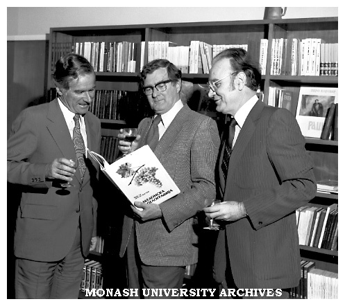 Vice-Chancellor Professor Ray Martin, Acting Consul-General of the Socialist Federal Republic of Yugoslavia Mr Petar Lombardic and Librarian Mr Brian Southwell with gift of Macedonian books