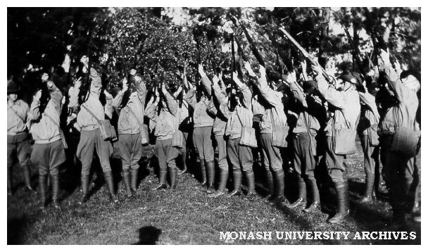 Cadets practicing firing at aircraft, Caulfield Technical School cadet camp