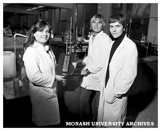 Second year Chemistry students Jenny Dunn (left), Martin Oettinger and Harry Quiney, winners of the inaugural Titration Stakes organised by the Royal Australian Chemical Institute.