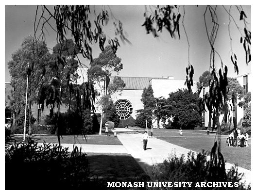 Forum from the Bookshop showing Robert Blackwood Hall, University Offices and Main Library