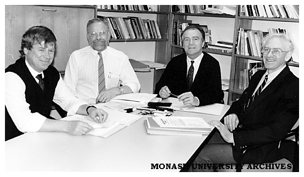 School of Graduate Studies, Faculty of Education Study Group. From left, Mr. Ian Mitchell, Associate Professor Dick Gunstone, Professor Alan Bishop, Mr. Chris Penna
