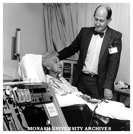 Professor Napier Thomson (right), Chairman, Monash University Department of Medicine, checks dialysis patient Mrs Juliet Johnson at the Alfred Hospital's dialysis centre