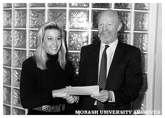 Ms Kara Lee Thompson, top business honours student for 1992, receives Bank of Melbourne prize