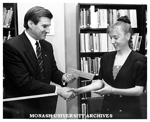 Ms Emma Belbin receives the inaugural Peter Kerr Scholarship from Victorian Premier Mr Jeff Kennett