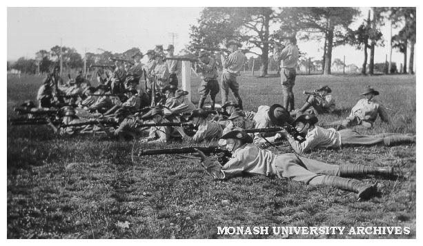 Cadets at rifle practice, Caulfield Technical School cadet camp