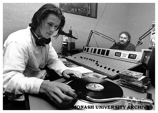 Student Mr Sean Elliot (left) and Monash University's radio station 3MU station manager Mr Peter Freeland
