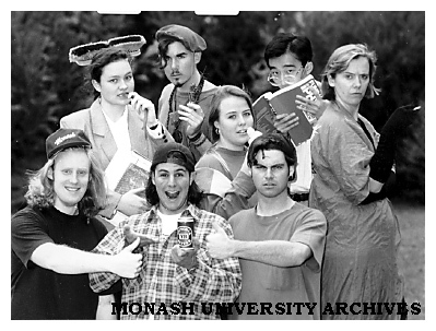 Cast of Student Theatre's production Wellington Road; (clockwise from front left) Matt Elsbury, Tracy Foster, Carson Ellis, Kelly Baldwin (centre), Ronald Teo, Judy Taylor, Julian Beckedahl and Ashleigh Jurberg