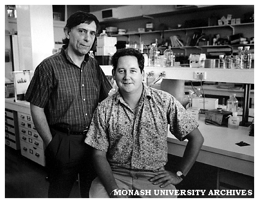 Dr Bill Thiel (left) of the Victorian College of Pharmacy and Dr Ian Barr of CSIRO Veterinary Division