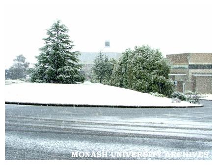 Gippsland campus buildings 1W and the Hexagon covered in snow