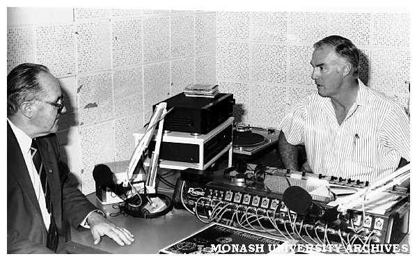 Dr Peter Wright, mathematics coordinator at Frankston and presenter for community station Radio Port Phillip, interviews Mr Phil A'Vard, Alexander Theatre manager