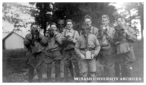 Caulfield Technical School cadet camp. Cadets during gas respirator instruction