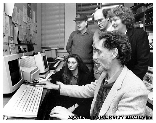 Professor Andy diSessa, University of California, demonstates software to Education Faculty members PhD student Ms Elizabeth Vincent, Mr Frederick Robilliard, Mr Paul Nicholson and Dr Anne McDougall