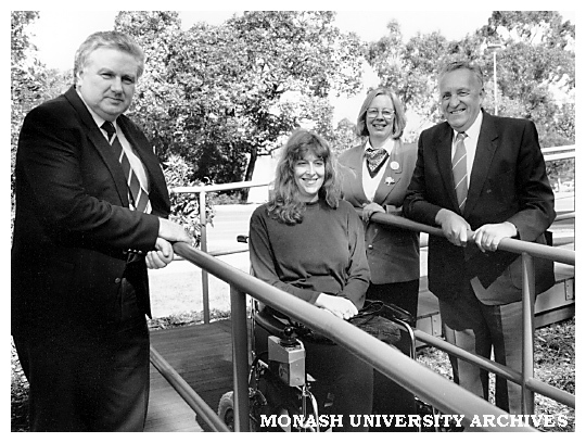 Ms Linda Smith, fourth year honours student in psychology, tests the disabled access ramp at Robert Blackwood Hall.