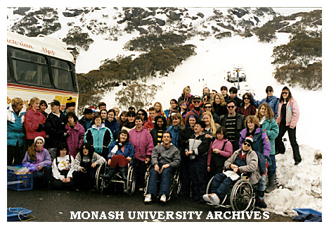 Developmentally disabled adults and first year student nurses from Caroline Chisholm School of Nursing on a holiday to Bright