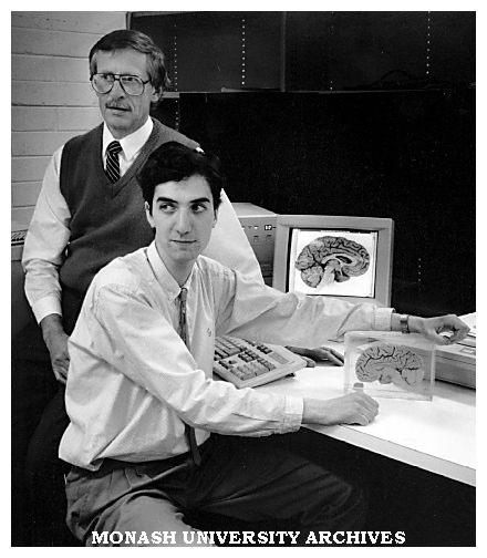 Professor David Barkla (left) and third year student Mr Zeev Duieb demonstrate an interactive computer training program for first year medical students