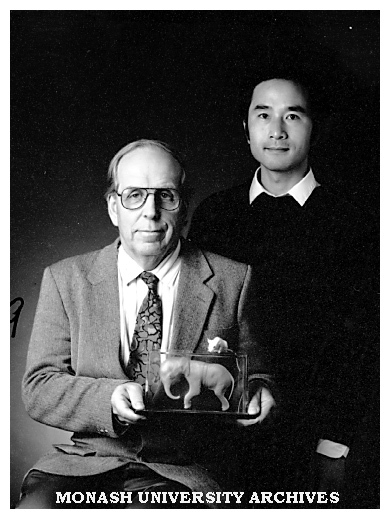 Professor Roger Short (left) and Dr Yuan Gao with models of animal subjects for fertility control