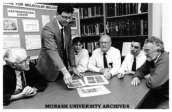 Research team at the Centre for Molecular Biology and Medicine (from left) Dr Clem Robinson, Dr Robert Gianello, Dr Rod Williams, Professor Tony Linnane, PhD student Mr Gideon Pinczower, and Associate Professor Barry Preston