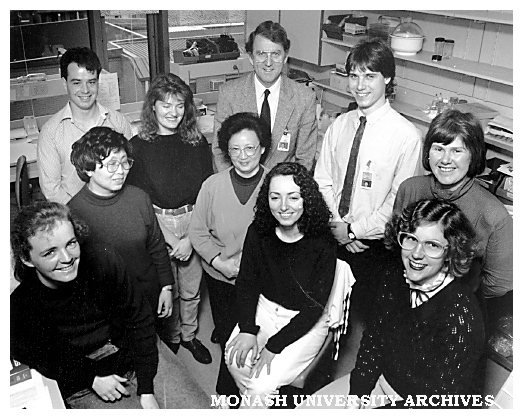 Research team at Prince Henry's Institute of Medical research (from left rear) Dr Simon Riley, Ms Anne Hampton, Associate Professor Jock Findlay, Mr Tom Rawdanowicz, (middle) Dr Li Shuxiang, Dr Zheng Shuneng, (front) Ms Anna Butt, Ms Daphne