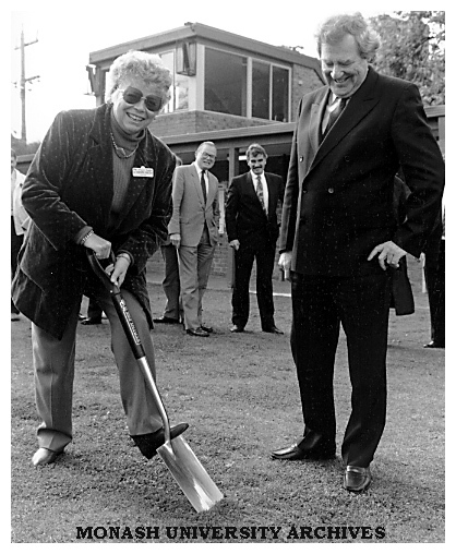 Vice-Chancellor Professor Mal Logan watches as Councillor Veronika Martens, Mayor of Caulfield, breaks ground for the General Teaching and Business School development on the Caulfield campus