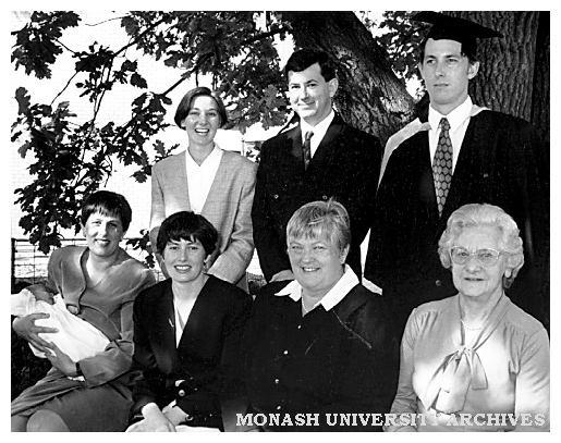 Five generations of the Burke family including five siblings who have graduated from Monash. Back row (from left) Sophie, Anthony and Paul. Seated (from left) Nina McCarthy holding Julien, Anna, mother Joan and grandmother Nina Millman