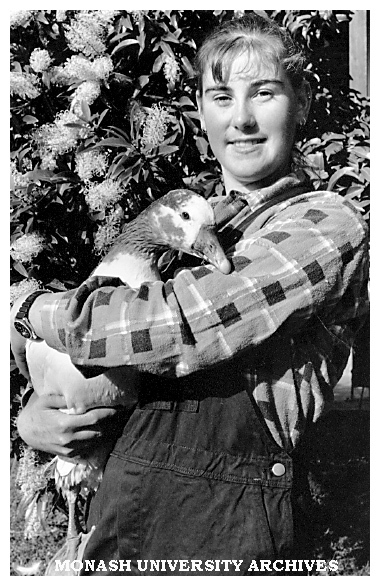 Animal technician Ms Jo Brown holds a goose with a broken leg