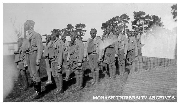 Caulfield Technical School cadet camp. Members of Number 1 Platoon in their gas respirators