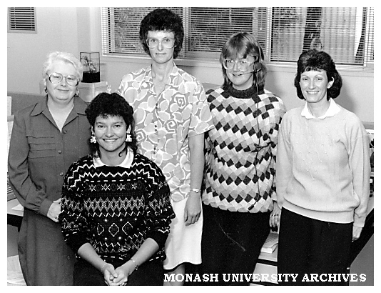 Clayton campus switchboard operators (from left) Mrs Pam Casey, Miss Deb Chappell, senior telephonist Mrs Jean Lobb, Mrs Helen Smith and Mrs Jan Dunlop