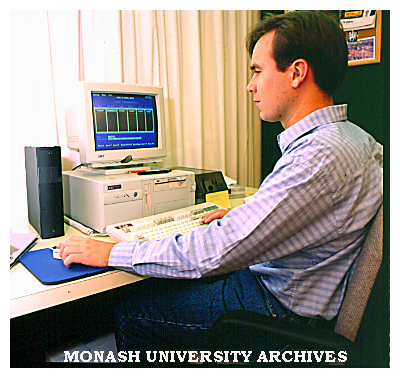 Mass Communications student Josh Beggs works on a computer in the School of Humanities, Communications and Social Sciences (HUMCASS)