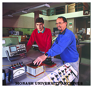 Gippsland technical officer Hermann Kohler and engineering student demonstrate motor speed control machine