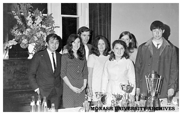 Monash Intervarsity table tennis winners. Left to right: G. Yeo, A. McKeon, J. Taylor, M. Edwards, S. Goodman, J. Fraser, R. Sutherland