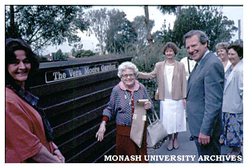 Naming of the Vera Moore Garden. Vera Moore (centre) and Vice-chancellor Mal Logan.