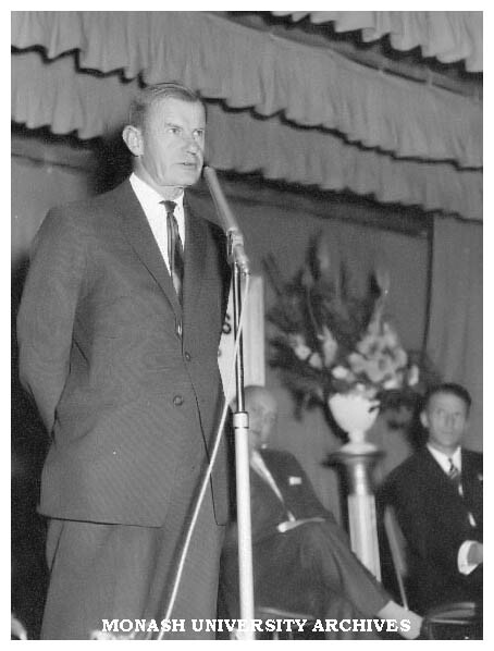 J. L. Keppert (assistant Chief Inspector of Technical School) speaking at the opening of the Commonwealth Technical Training Week exhibition at Chadstone shopping centre.