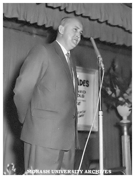 D. J. Williams (Manager, Chadstone) speaking at the opening of the Commonwealth Technical Training Week exhibition at Chadstone shopping centre.