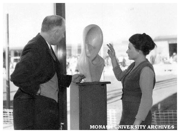 Sculpture display at Commonwealth Technical Training Week exhibition at Chadstone shopping centre. John Broadfoot and student.