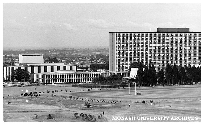 Robert Menzies School of Humanities (right), Administration building and Main library