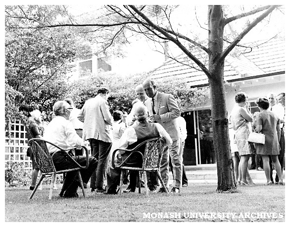 Cocktail party to celebrate the 10th anniversary of Vice-Chancellor Matheson (seated left) taking office.