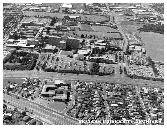 Aerial view of Clayton campus from the south with Mannix College in the foreground