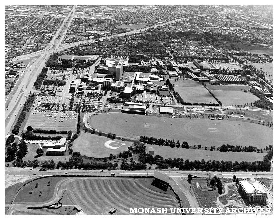 Aerial view of Clayton campus from the east with drive-in theatre in the foreground