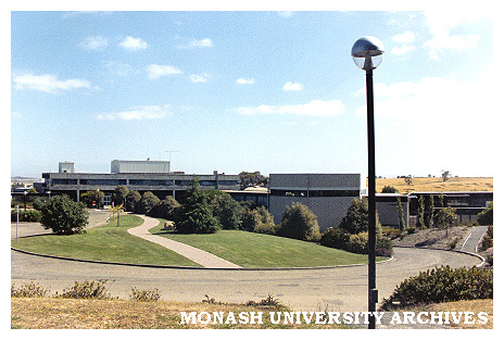 View of Gippsland campus looking north toward buildings 1W (left) and the Hexagon