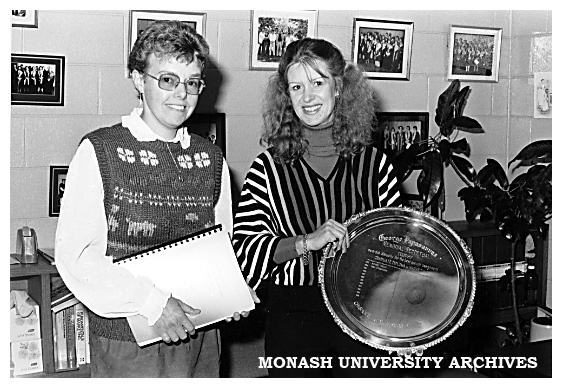 Ms Gina O'Donoghue, second winner of the George Papasavvas Memorial Trophy as top Graduate Diploma in Marketing thesis student, with Mrs Anne Papasavvas