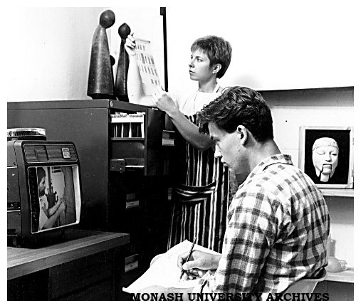 Ms Melanie Cooper, Head of Ceramics Resource Centre at Caulfield, together with student Michael Bold, soon after the Centre opened
