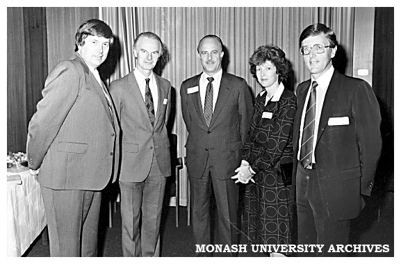 US tax expert Professor Staubus (centre) at Frankston with (l. to r.) Mr Graeme Weidman, MLA Frankston South, the Director; Mr Patrick Leary, the Mayor of Frankston; Cr Diane Fuller; and Dr Ken Tucker, Dean of the David Syme Business School