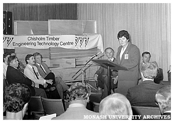 Victorian State Minister for Conservation, Forest and Lands, Ms Joan Kirner, speaking at the opening of the Timber Engineering Technology Centre