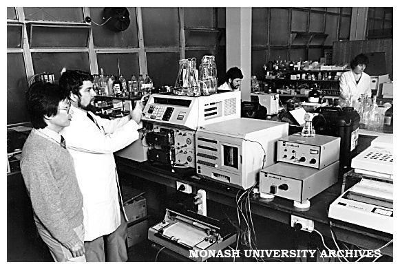 Water Studies Centre (WSC) Research Associate, Dr On Sin (left) with the Institute of Drug Technology's Head Chemist Mr Greg Jordan, demonstrating a high performance liquid chromatograph