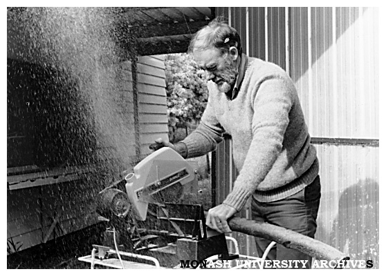 Chisholm Art Education lecturer, Mr Bob Greaves, with a portable bandsaw