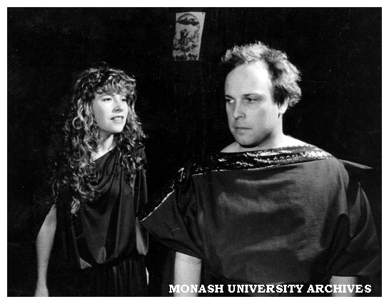 Monash students Sue Dodd and Andrew Williams in a scene from 'Trojan Women', presented by the Department of Classical Studies